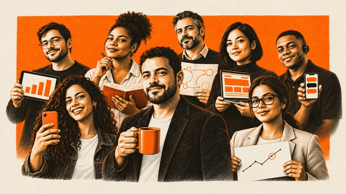 Ilustração do Frank no centro, de caneca na mão, com os 7 assistentes do time em volta